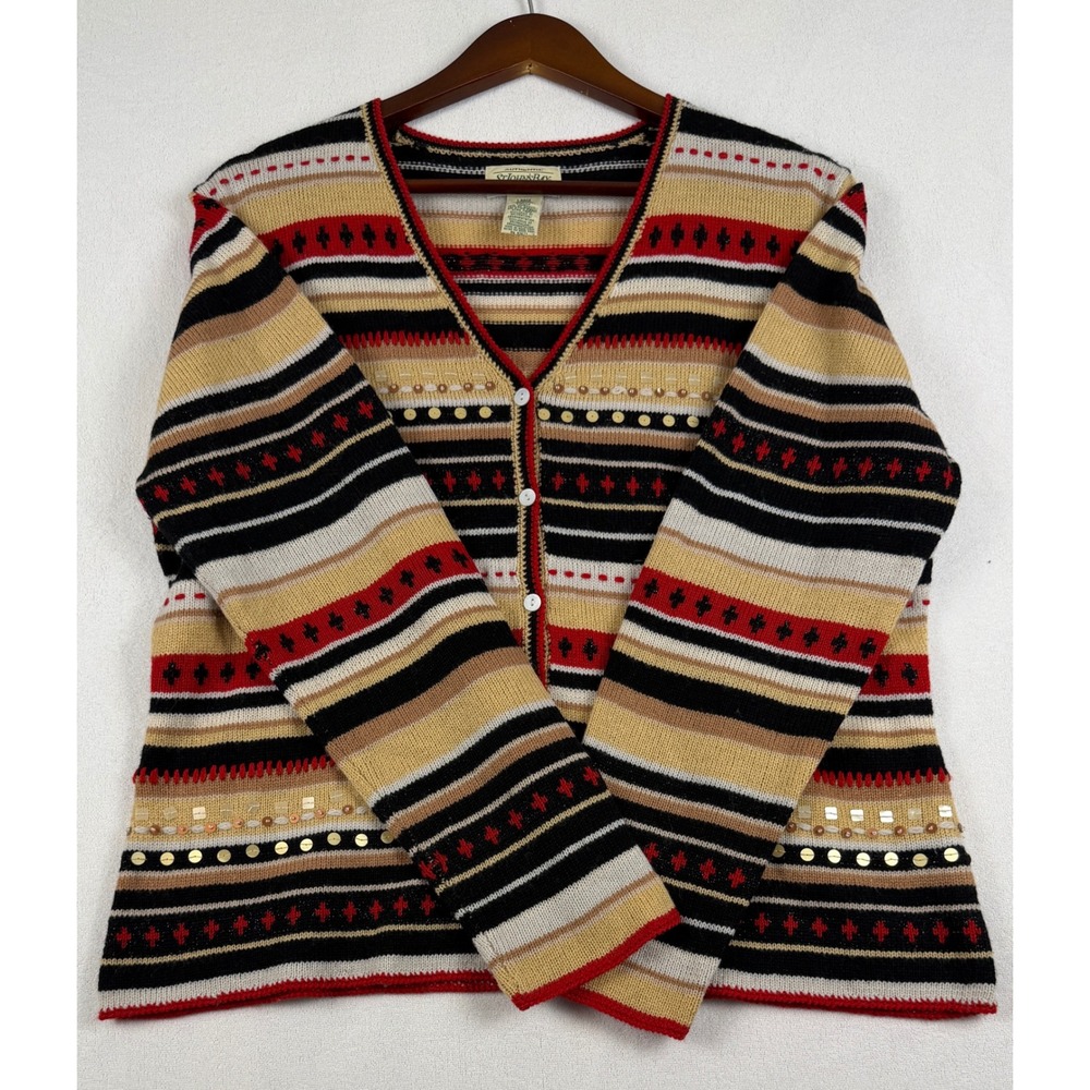 St Johns Bay Cardigan Sweater Large Womens Striped Sequin Lambswool Blend V-Neck